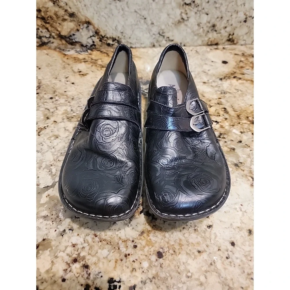 Alegria Ali Black Leather With Silver Embosse Roses - Gorgeous 42, US 11-11.5.